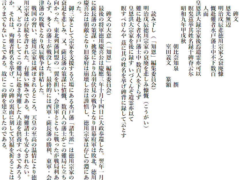 　　碑文
　恩光無辺
　明治戊辰悲徳川宗家之衰廃慷
　慨赴難者水戸藩士中不下数百
　人而
皇恩洪大録宗家後焉遺霊亦可以
　瞑矣茲挙其姓名録干碑脊云尓
　昭和九年甲戊秋
　　　　　　　　朝比奈知泉　　撰
　　　　　　　　室田義文　　篆額

　　読み下し（「知恩」編集委員会）
　明治戊辰徳川宗家の衰廃を悲しみ慷慨（こうがい）
　難に赴く者水戸藩士中 数百人を下らず
　皇恩洪大宗家を後に録す いづくんぞ遺霊亦以て
　瞑すべけんや 茲に其の姓名を挙げ碑背に録して云とす

　　碑文の大意（「知恩」編集委員会）
　最後の将軍徳川慶喜公は慶應三年十月十四日に大政奉還した。翌年一月
に薩長藩の策謀・挑発により鳥羽伏見の戦争となり旧幕府軍は敗北、徳川
慶喜公は朝敵となり旧幕府は崩壊し公は謹慎し、徳川宗家は存亡の淵にあ
った。
　御三家として宗家を支援する立場にある水戸藩「諸生派」は徳川宗家の
衰退を悲しみ、又、薩長藩の策謀に憤慨、数百人の藩士がこの難局に立ち
向かった。東北列藩同盟の一翼を担い、会津軍とともに戦ったが戦局利あ
らず、多くの藩士が戦没した。最終的には西軍・薩長藩の勝利、東軍・会
津藩の敗戦となり戊辰戦争は終結した。
　戦国の習い、徳川宗家は滅ぼされるところ、天皇の至高の温情により徳
川宗家は存続を許された。有難い極みである。殉難諸士も安心されたい。
　又、どのようにしてこの難局に赴き殉難した人達を供養すべきであろう
か。それは、殉難者姓名を挙げ、この碑の裏面に刻して冥福を祈ることは
言うまでもないことである。故にこの碑を建立したのである。